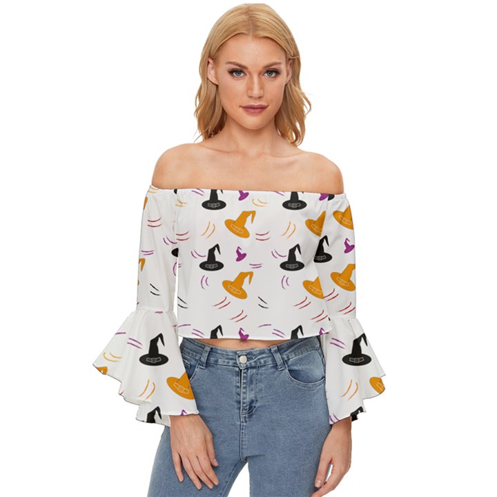 Witch Hat Witch Magic Halloween Off Shoulder Flutter Bell Sleeve Top