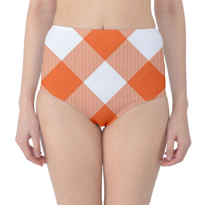 Orange and white diagonal plaids Classic High-Waist Bikini Bottoms