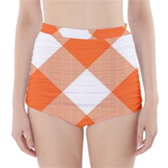 Orange and white diagonal plaids High-Waisted Bikini Bottoms