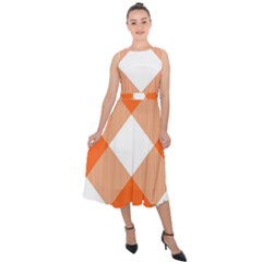 Orange and white diagonal plaids Midi Tie-Back Chiffon Dress