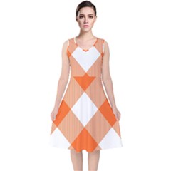 Orange and white diagonal plaids V-Neck Midi Sleeveless Dress 