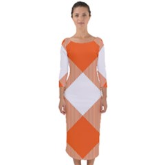 Orange and white diagonal plaids Quarter Sleeve Midi Bodycon Dress