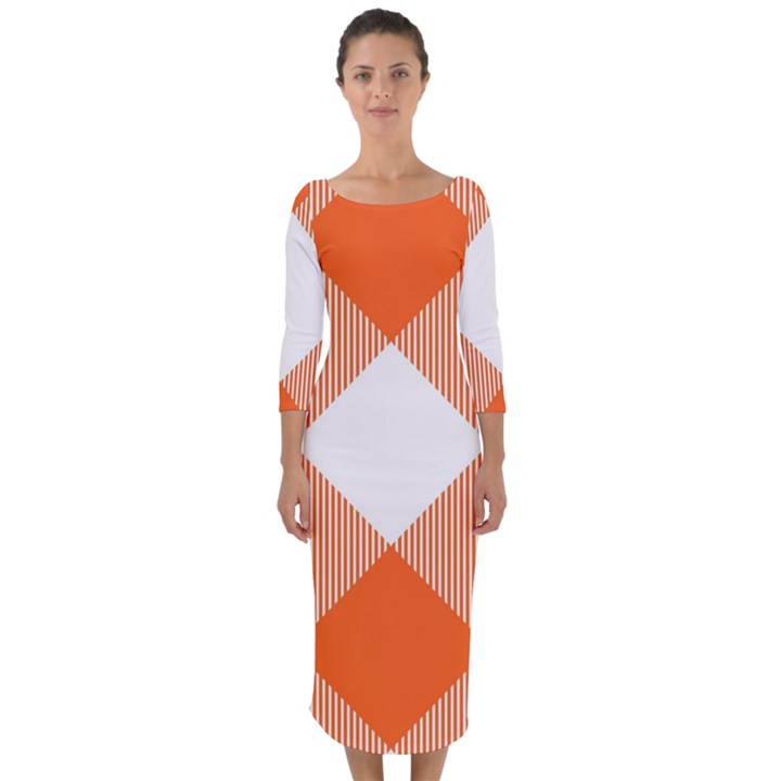 Orange and white diagonal plaids Quarter Sleeve Midi Bodycon Dress