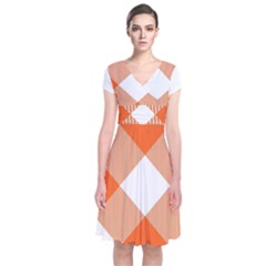 Orange and white diagonal plaids Short Sleeve Front Wrap Dress