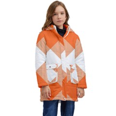 Orange and white diagonal plaids Kid s Hooded Longline Puffer Jacket