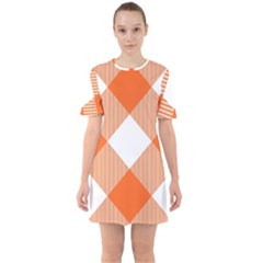 Orange and white diagonal plaids Sixties Short Sleeve Mini Dress