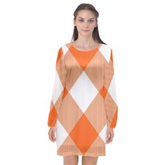 Orange and white diagonal plaids Long Sleeve Chiffon Shift Dress 