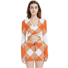 Orange and white diagonal plaids Velvet Wrap Crop Top and Shorts Set