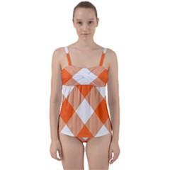 Orange and white diagonal plaids Twist Front Tankini Set