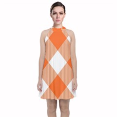 Orange and white diagonal plaids Velvet Halter Neckline Dress 