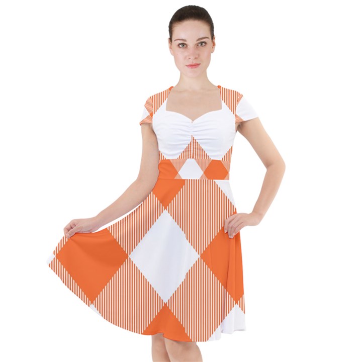 Orange and white diagonal plaids Cap Sleeve Midi Dress