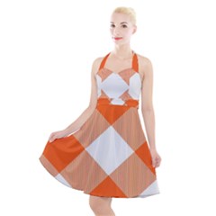 Orange and white diagonal plaids Halter Party Swing Dress 