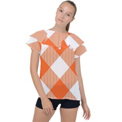 Orange and white diagonal plaids Ruffle Collar Chiffon Blouse