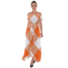 Orange and white diagonal plaids Off Shoulder Open Front Chiffon Dress