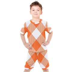 Orange and white diagonal plaids Kids  Tee and Shorts Set