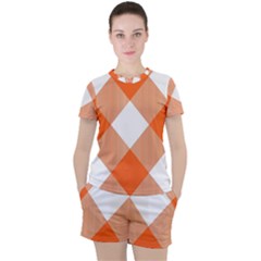 Orange and white diagonal plaids Women s Tee and Shorts Set