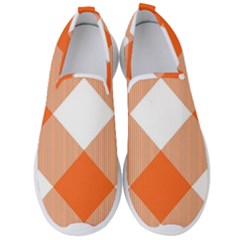 Orange and white diagonal plaids Men s Slip On Sneakers