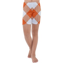 Orange and white diagonal plaids Kids  Lightweight Velour Capri Yoga Leggings