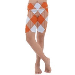 Orange and white diagonal plaids Kids  Lightweight Velour Cropped Yoga Leggings