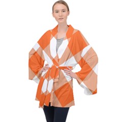 Orange and white diagonal plaids Long Sleeve Velvet Kimono 