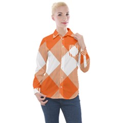 Orange and white diagonal plaids Women s Long Sleeve Pocket Shirt