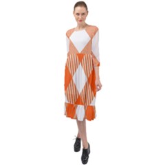 Orange and white diagonal plaids Ruffle End Midi Chiffon Dress