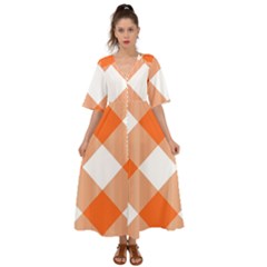 Orange and white diagonal plaids Kimono Sleeve Boho Dress