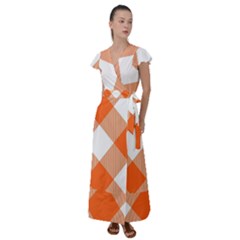 Orange and white diagonal plaids Flutter Sleeve Maxi Dress