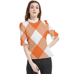 Orange and white diagonal plaids Frill Neck Blouse