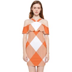 Orange and white diagonal plaids Shoulder Frill Bodycon Summer Dress