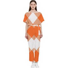 Orange and white diagonal plaids Batwing Lightweight Chiffon Jumpsuit