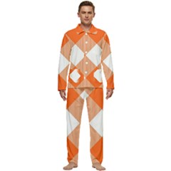 Orange and white diagonal plaids Men s Long Sleeve Velvet Pocket Pajamas Set