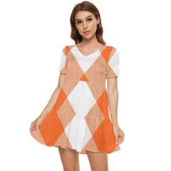 Orange and white diagonal plaids Tiered Short Sleeve Babydoll Dress