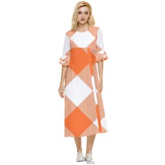 Orange and white diagonal plaids Double Cuff Midi Dress