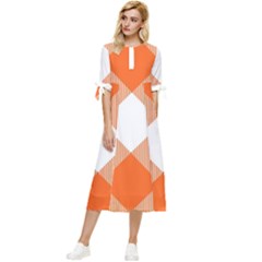 Orange and white diagonal plaids Bow Sleeve Chiffon Midi Dress