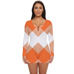 Orange and white diagonal plaids Long Sleeve Boyleg Swimsuit