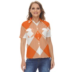 Orange and white diagonal plaids Women s Short Sleeve Double Pocket Shirt