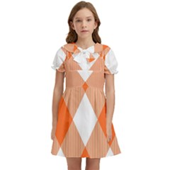 Orange and white diagonal plaids Kids  Bow Tie Puff Sleeve Dress