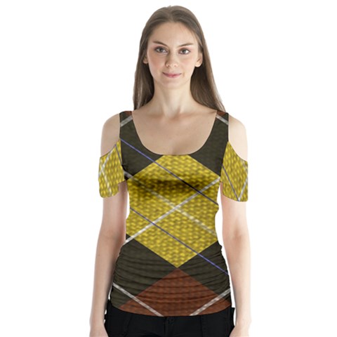 Modern Yellow Golden Plaid Butterfly Sleeve Cutout Tee  by ConteMonfrey