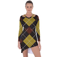 Modern Yellow Golden Plaid Asymmetric Cut-out Shift Dress by ConteMonfrey