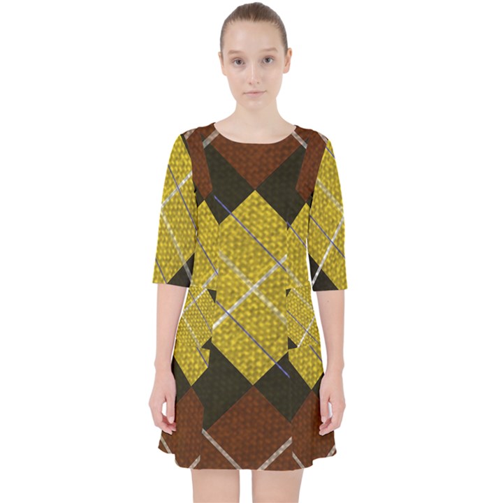 Modern Yellow golden Plaid Quarter Sleeve Pocket Dress