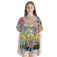 Flower Nature Garden Bloom Flora V-neck Flutter Sleeve Top by Ravend