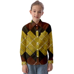 Modern Yellow Golden Plaid Kids  Long Sleeve Shirt by ConteMonfrey