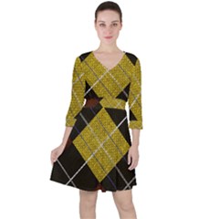 Modern Yellow Golden Plaid Quarter Sleeve Ruffle Waist Dress by ConteMonfrey