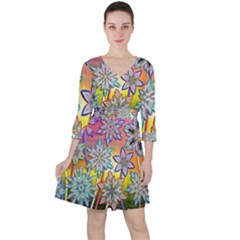 Flower Nature Garden Bloom Flora Quarter Sleeve Ruffle Waist Dress by Ravend