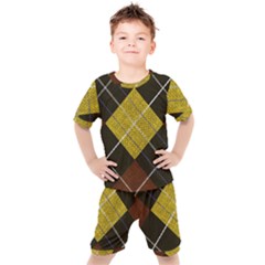 Modern Yellow Golden Plaid Kids  Tee And Shorts Set by ConteMonfrey