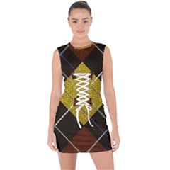 Modern Yellow Golden Plaid Lace Up Front Bodycon Dress by ConteMonfrey