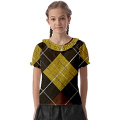 Modern Yellow Golden Plaid Kids  Frill Chiffon Blouse by ConteMonfrey