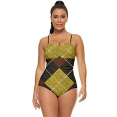 Modern Yellow Golden Plaid Retro Full Coverage Swimsuit by ConteMonfrey