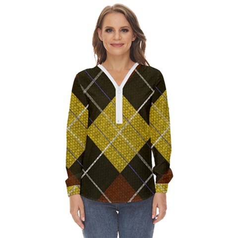 Modern Yellow Golden Plaid Zip Up Long Sleeve Blouse by ConteMonfrey